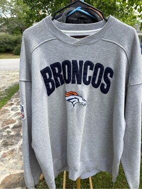 STARTER Gray Broncos Crewneck Sweatshirt with Navy and Orange Logo